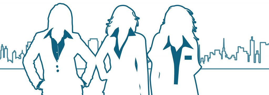Graphic outline of 3 women Medical Record Review Experts against city skyline.