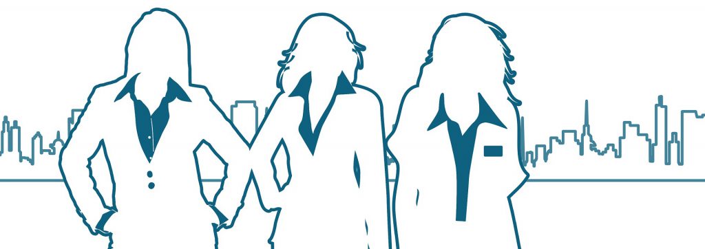 Graphic outline of 3 women Medical Record Review Experts against city skyline.  