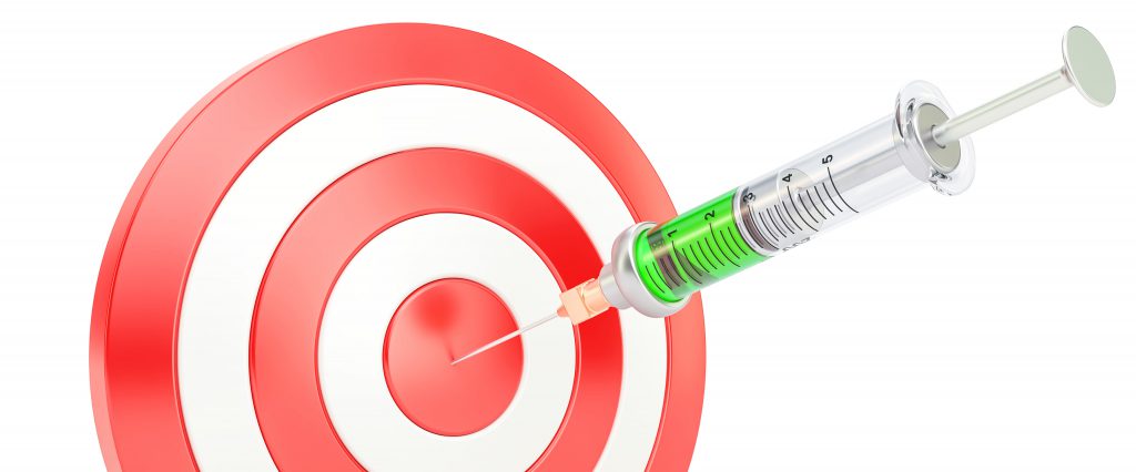 Medical syringe entering a bullseye signifies accuracy.