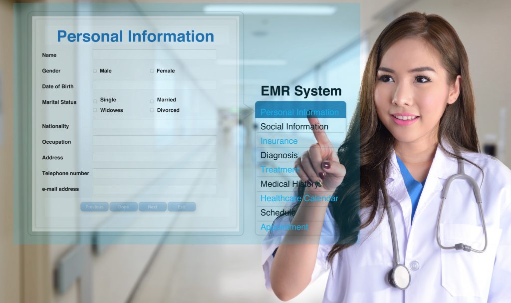 Medical professional performs Electronic Medical Records Review on futuristic glass monitor screen.